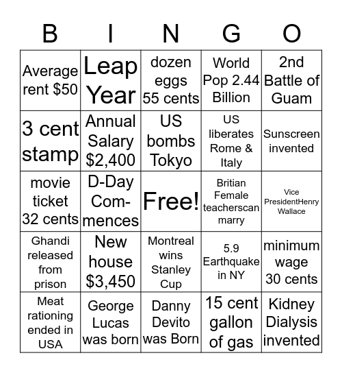 1944 BINGO Card