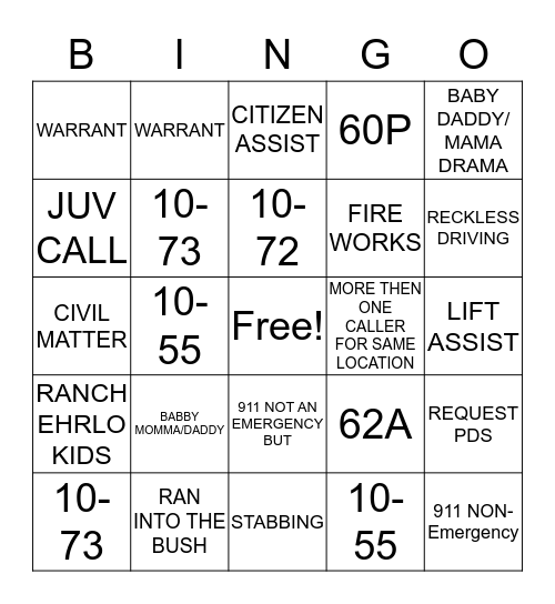 ~~911 DISPATCHER BINGO~~ Bingo Card