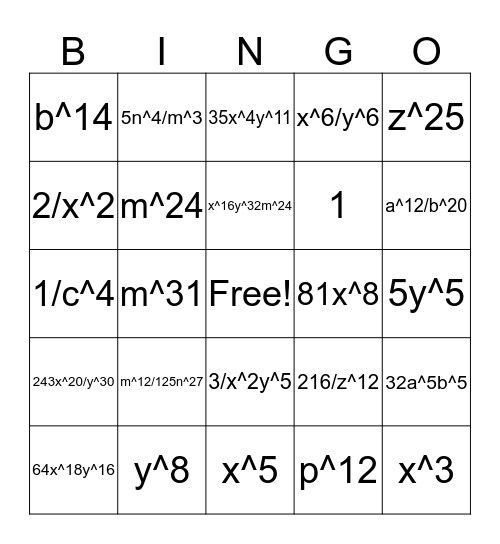 Exponent Laws Bingo Card