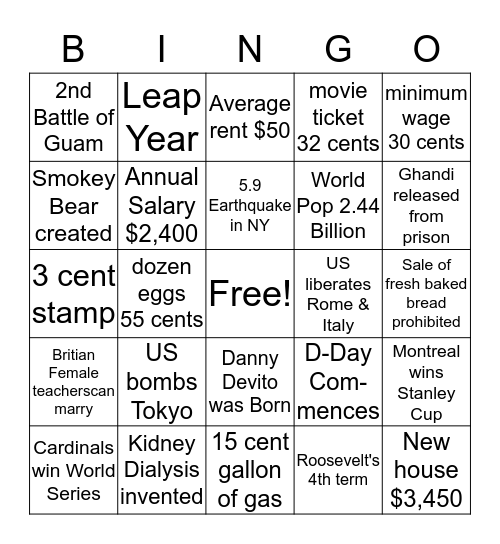 1944 BINGO Card