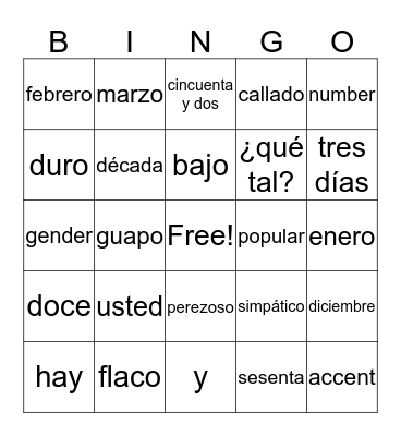 Saludos & Despedidas/Adjetivos/Los Meses/Los Números Bingo Card