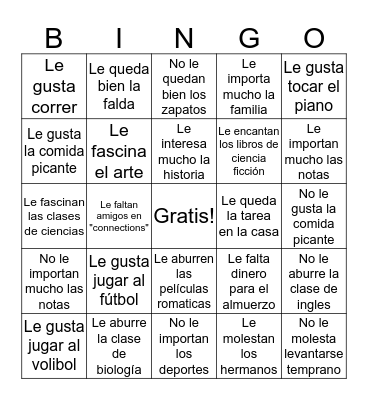 Los verbos como gustar Bingo Card