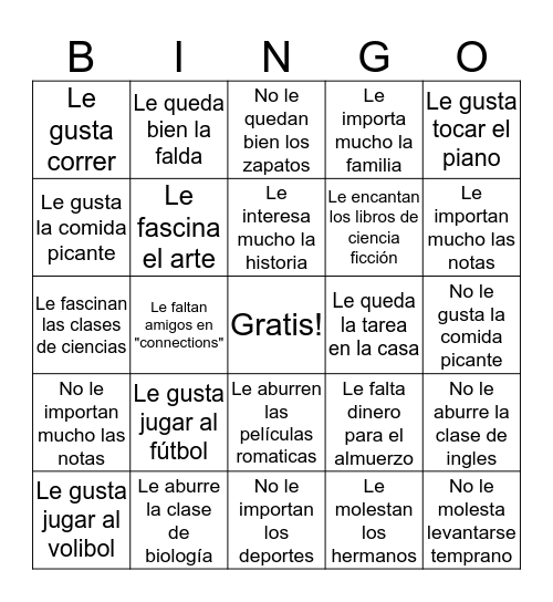 Los verbos como gustar Bingo Card