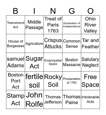 Causes of the American Revolution Bingo Card