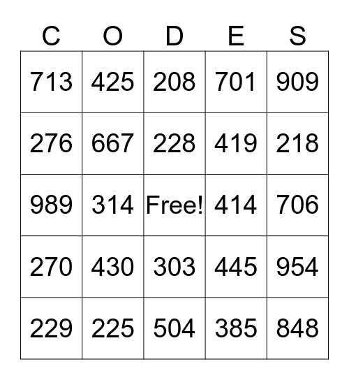 AREA CODES Bingo Card