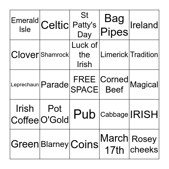 St Patrick's Day Bingo Card
