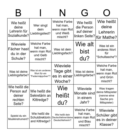 Spielfragen: Farben, Schulpersonnal, und Meinungen über Schule Bingo Card