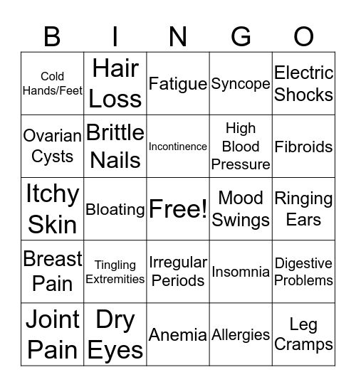 Perimenopause Bingo Card