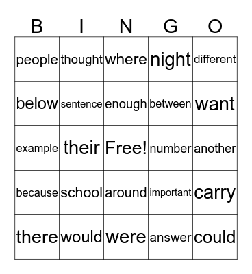 Sight Word Bingo  Bingo Card
