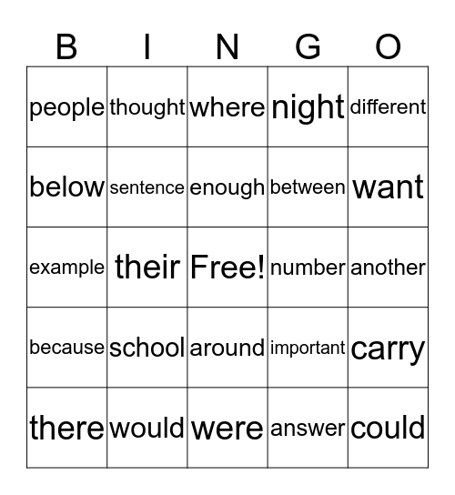 Sight Word Bingo  Bingo Card