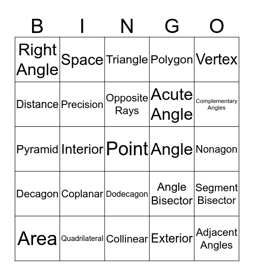 Geometry Chapter 1 Vocabulary Bingo Card