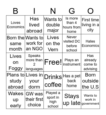 Welcome to First Year Experience Bingo Card