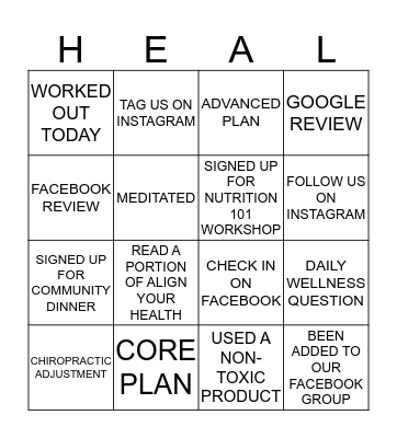 INSPIRE FAMILY HEALTH BINGO Card