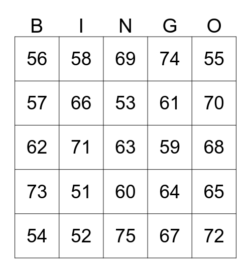 Numbers 51-75 Bingo Card