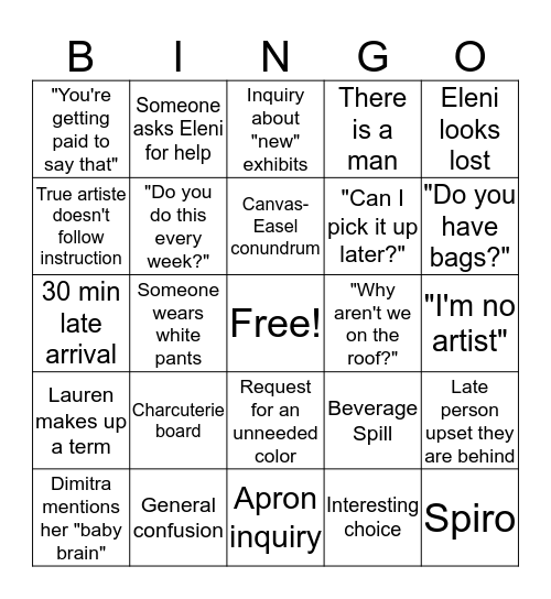 Sip & Paint Bingo Card