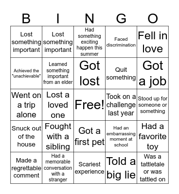 First Day Bingo Card