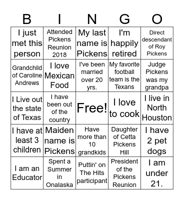 Pickens Family Reuion 2019 Bingo Card