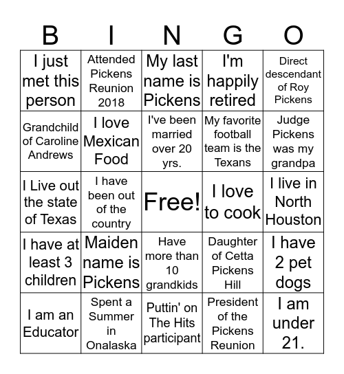 Pickens Family Reuion 2019 Bingo Card