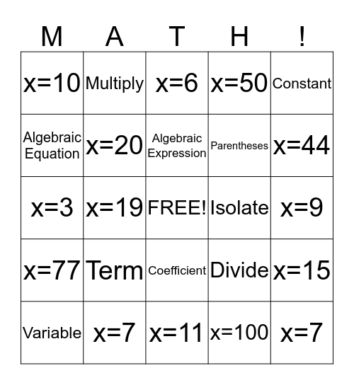 Algebraic Equations  Bingo Card