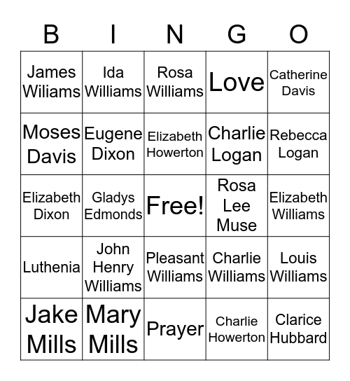 Williams Reunion Bingo Card