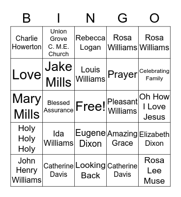 Williams Reunion Bingo Card