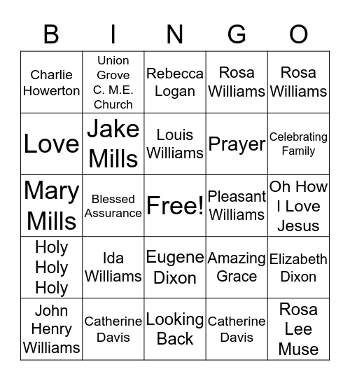 Williams Reunion Bingo Card