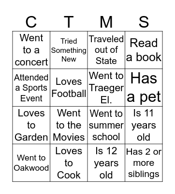 Student BINGO Card