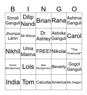 The Namesake Bingo Card