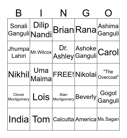 The Namesake Bingo Card