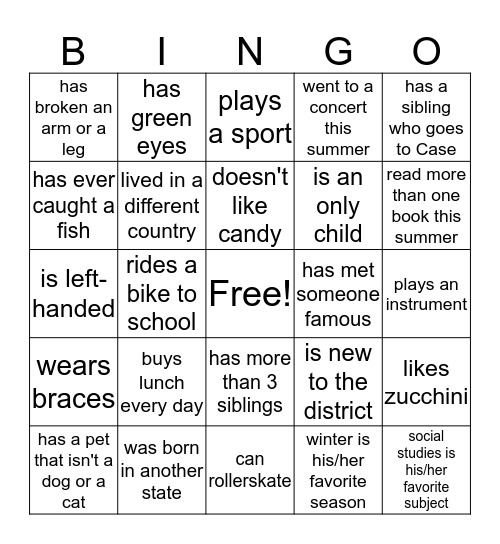 Find a class member who fits the description in a box below.  Have him/her sign his/her name in the box.  Then ask him/her a question about that box. Bingo Card