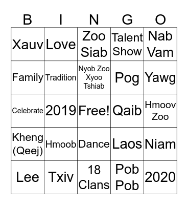 The Lee Hmong New Year 2019-2020 Bingo Card