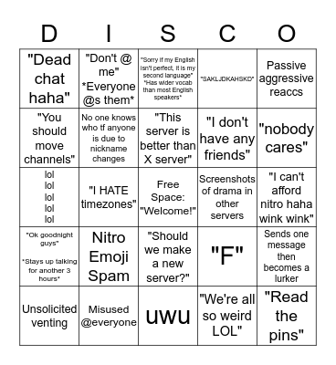 Discord Server Bingo Card