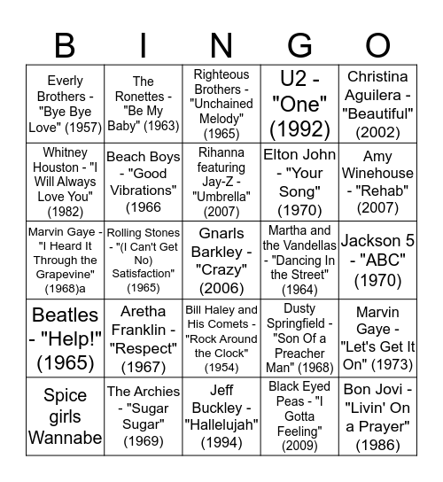 Pop Songs Mixture 1 Bingo Card