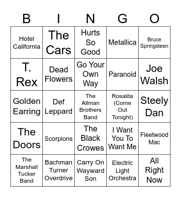 Classic Rock Bingo Card
