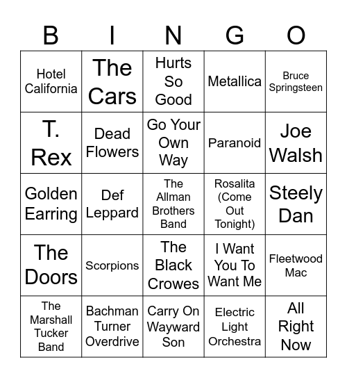 Classic Rock Bingo Card