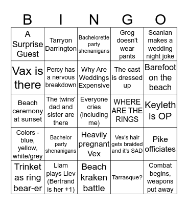 Perc'Ahlia Wedding Prediction Bingo Card