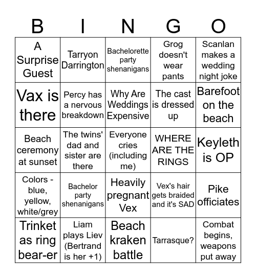 Perc'Ahlia Wedding Prediction Bingo Card