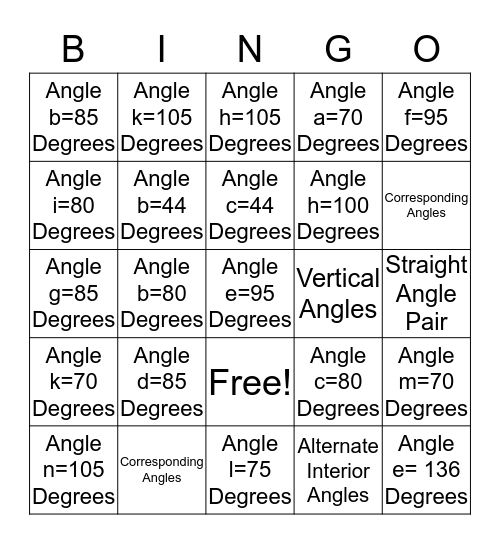 Angle Bingo  Bingo Card