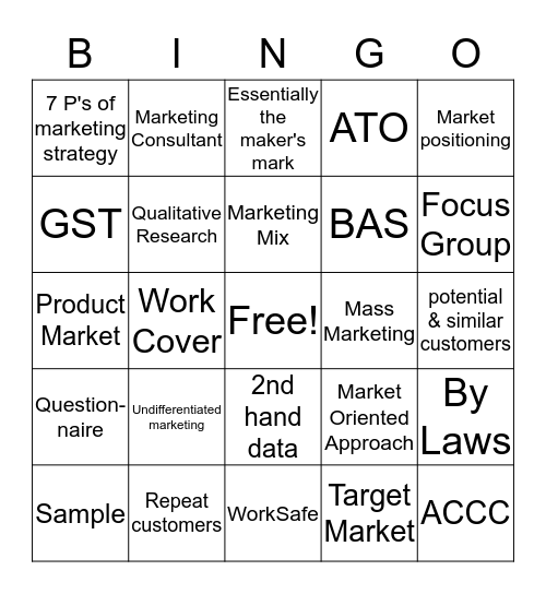 Chapter 12 Business Management Bingo Card