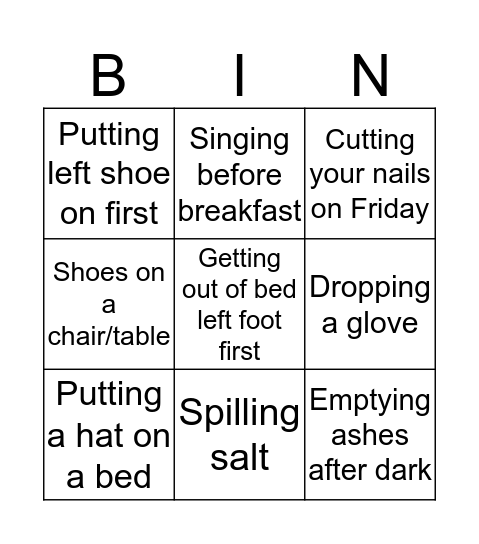 Bad Luck Bingo Card