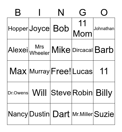 Stranger Things Bingo Card