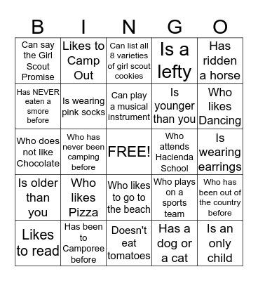 Find a Girlscout Who.... Bingo Card