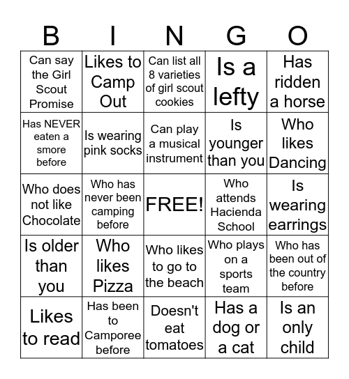 Find a Girlscout Who.... Bingo Card