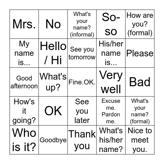 Greetings and Introductions Bingo Card