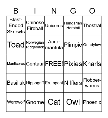 Harry Potter - Care of Magical Creatures Bingo Card