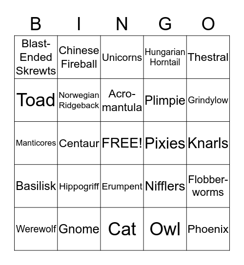 Harry Potter - Care of Magical Creatures Bingo Card