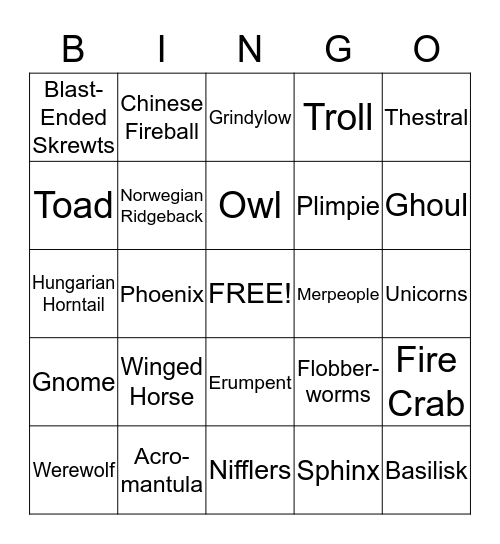 Harry Potter - Care of Magical Creatures Bingo Card