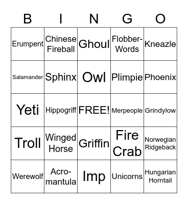 Harry Potter - Care of Magical Creatures Bingo Card