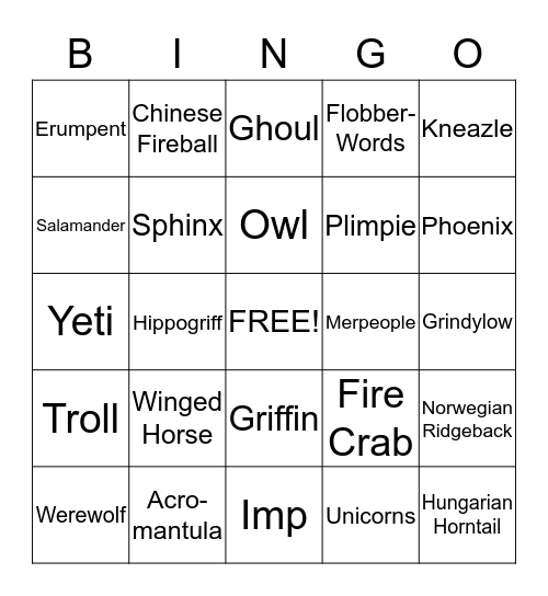 Harry Potter - Care of Magical Creatures Bingo Card