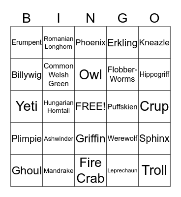 Harry Potter - Care of Magical Creatures Bingo Card